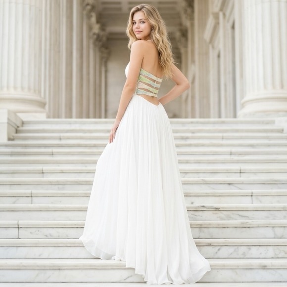 Sherri Hill Dresses & Skirts - Sherri Hill 6 White Silk Beaded Strapless Gown Open Back Prom Pageant Dress
